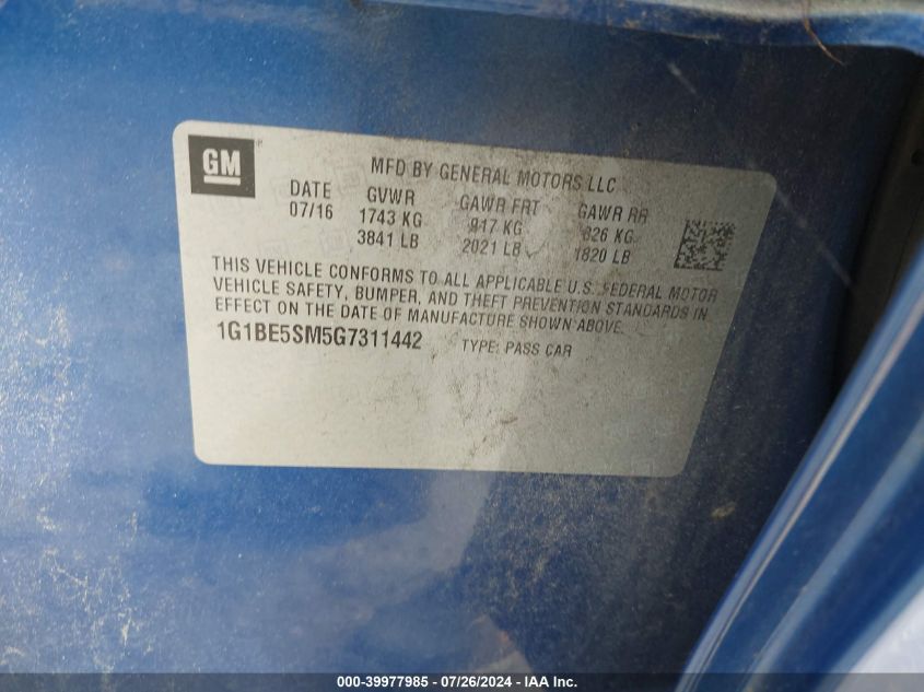 2016 Chevrolet Cruze Lt Auto VIN: 1G1BE5SM5G7311442 Lot: 39977985