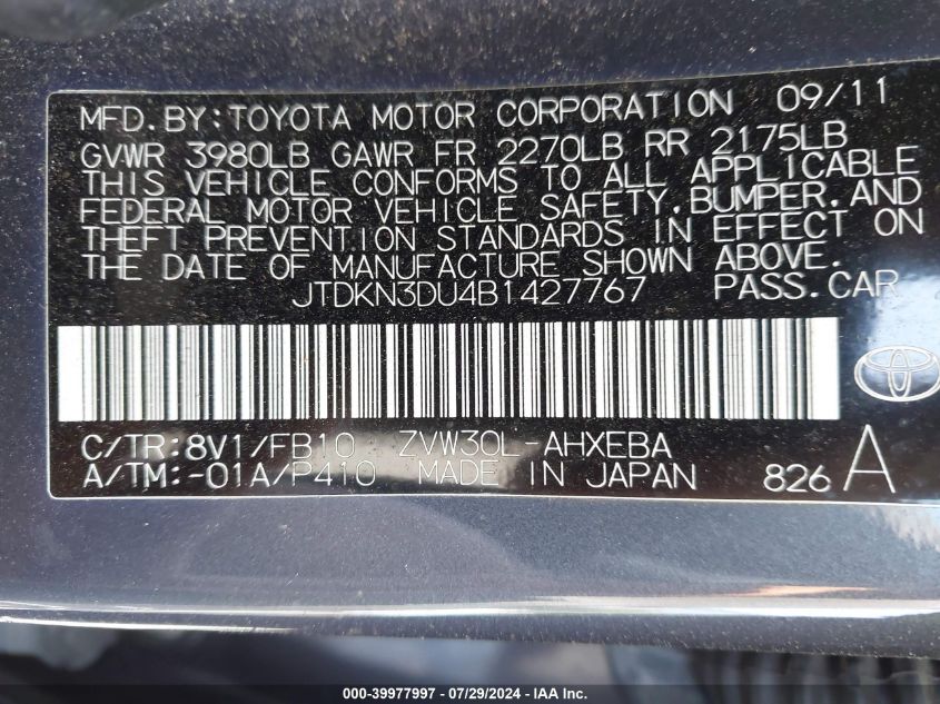 2011 Toyota Prius Two VIN: JTDKN3DU4B1427767 Lot: 39977997