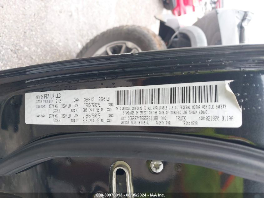 2016 Ram 1500 Rebel VIN: 1C6RR7YT6GS261188 Lot: 39978013