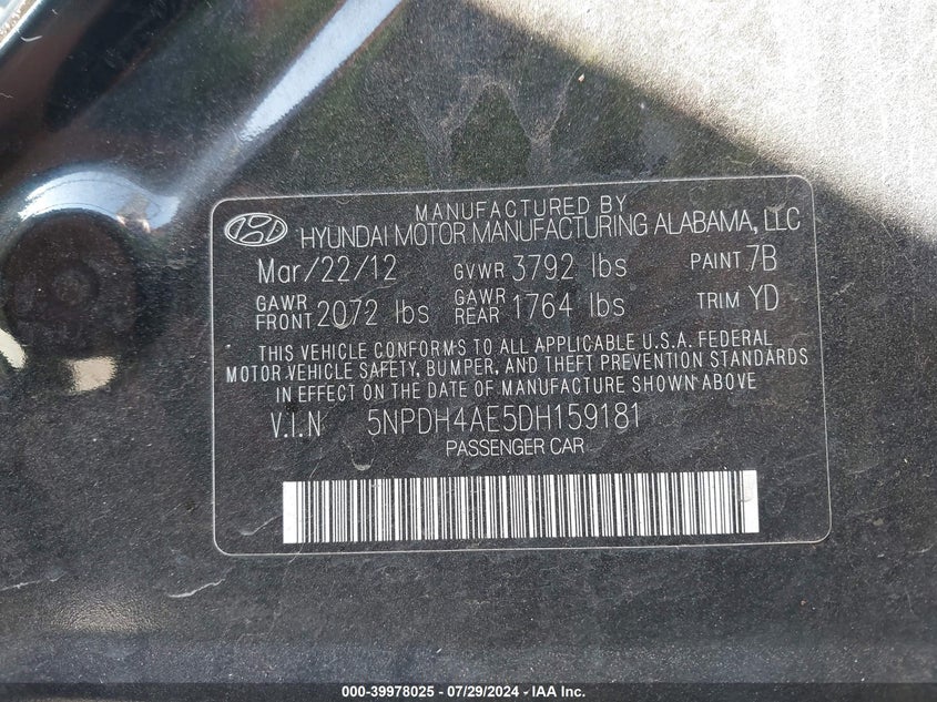 2013 Hyundai Elantra Gls VIN: 5NPDH4AE5DH159181 Lot: 39978025