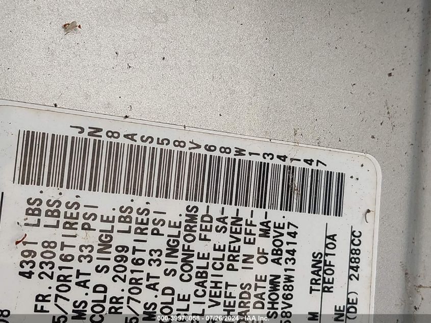 2008 Nissan Rogue S VIN: JN8AS58V68W134147 Lot: 39978058