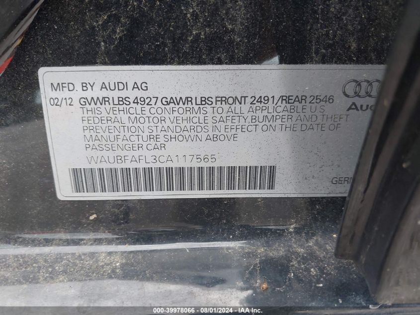 2012 Audi A4 Premium VIN: WAUBFAFL3CA117565 Lot: 39978066