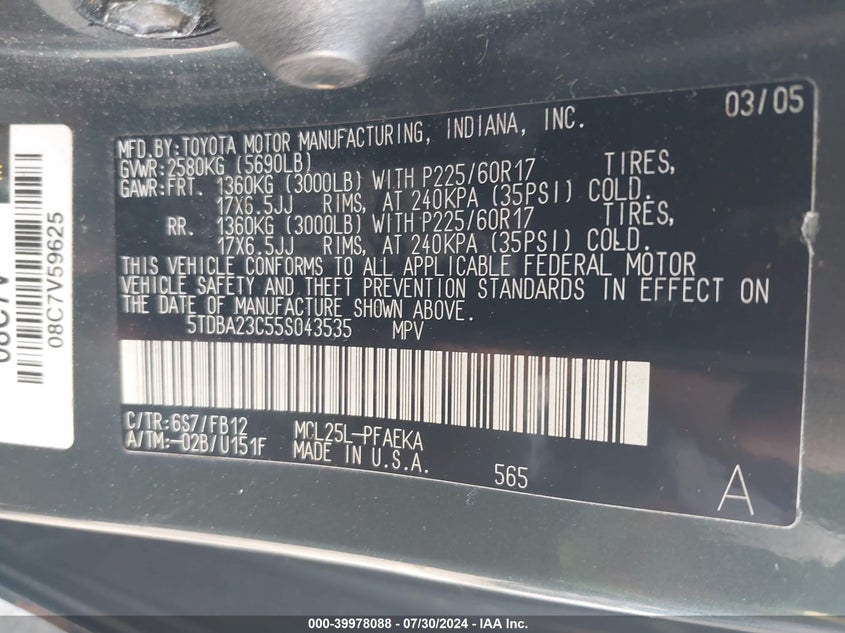 2005 Toyota Sienna Le VIN: 5TDBA23C55S043535 Lot: 39978088