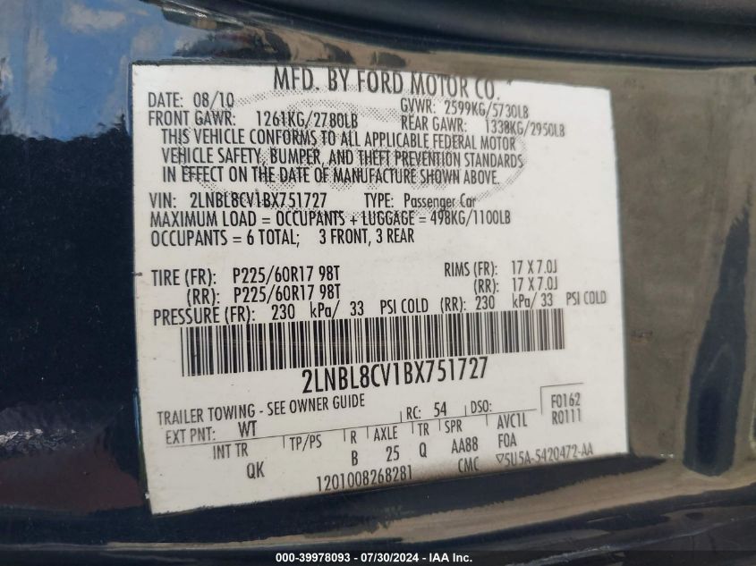 2011 Lincoln Town Car Signature Limited VIN: 2LNBL8CV1BX751727 Lot: 39978093