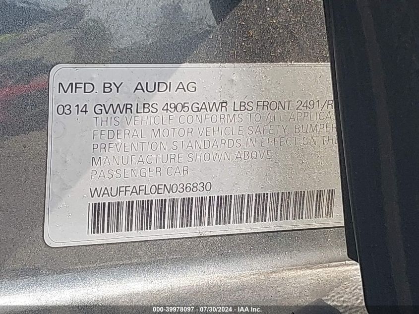 2014 Audi A4 2.0T Premium VIN: WAUFFAFL0EN036830 Lot: 39978097