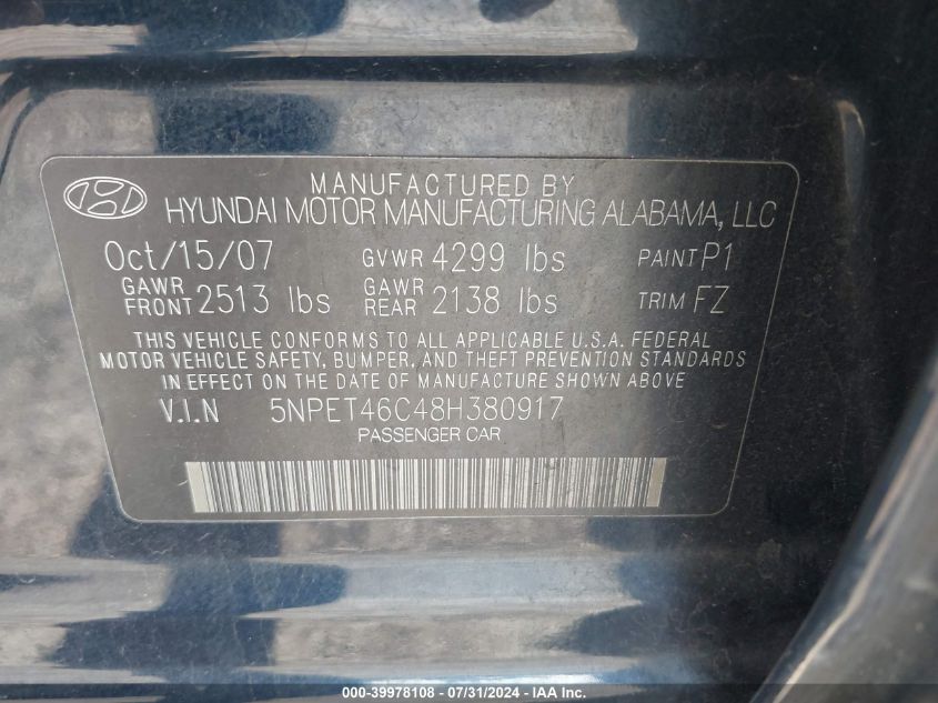 5NPET46C48H380917 2008 Hyundai Sonata Gls