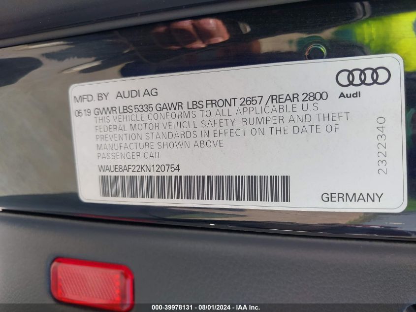 2019 Audi A6 45 Premium VIN: WAUE8AF22KN120754 Lot: 39978131