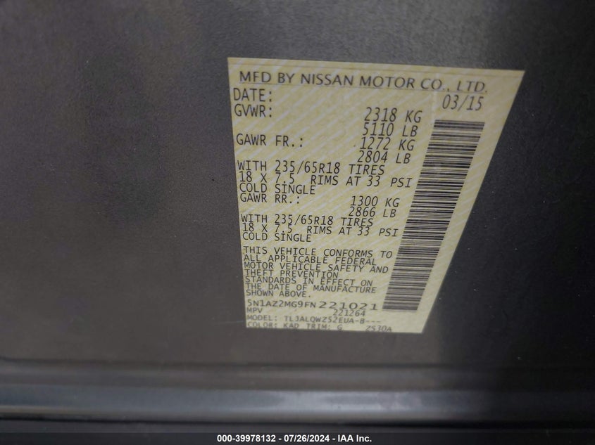 2015 Nissan Murano Sv VIN: 5N1AZ2MG9FN221021 Lot: 39978132