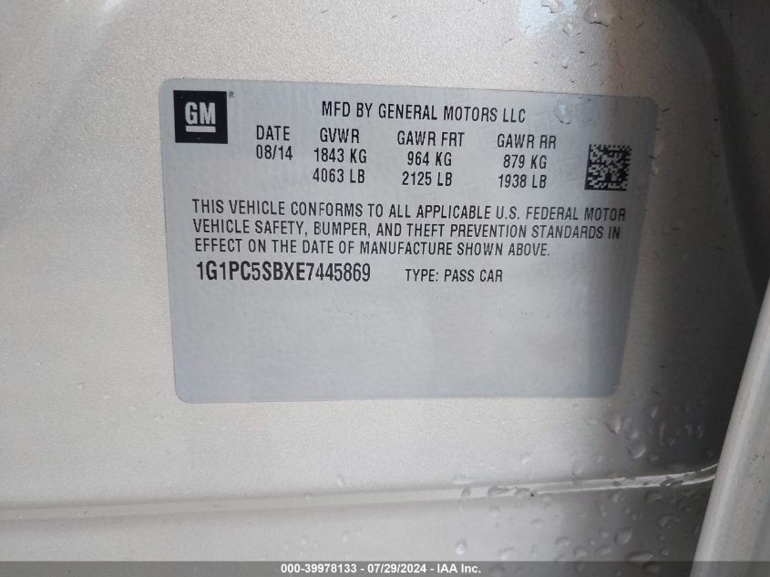 2014 Chevrolet Cruze 1Lt Auto VIN: 1G1PC5SBXE7445869 Lot: 39978133