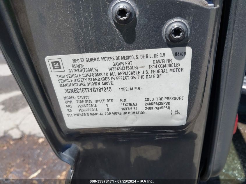 2000 Chevrolet Suburban 1500 Lt VIN: 3GNEC16T2YG181315 Lot: 39978171