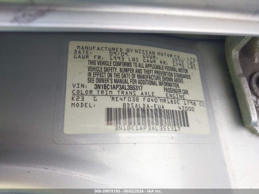 2010 Nissan Versa 1.8S VIN: 3N1BC1AP3AL355317 Lot: 39978193