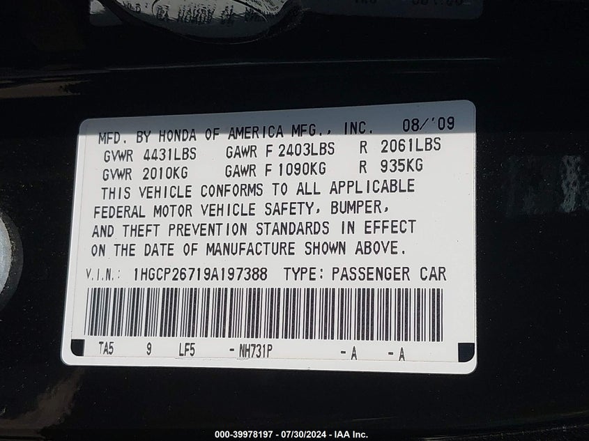 2009 Honda Accord Ex VIN: 1HGCP26719A197388 Lot: 39978197
