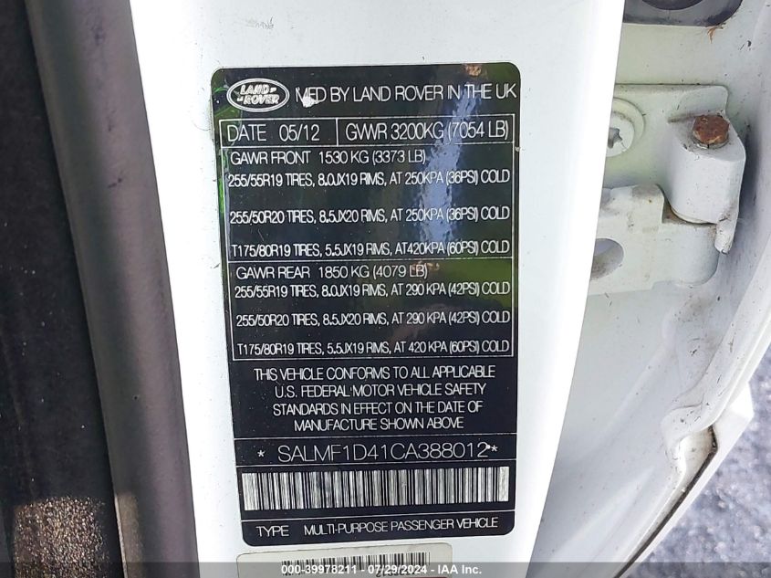 2012 Land Rover Range Rover Hse VIN: SALMF1D41CA388012 Lot: 39978211