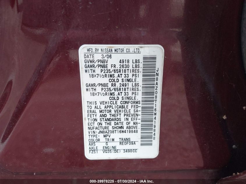 2006 Nissan Murano Sl/Se/S VIN: JN8AZ08T16W419848 Lot: 39978225