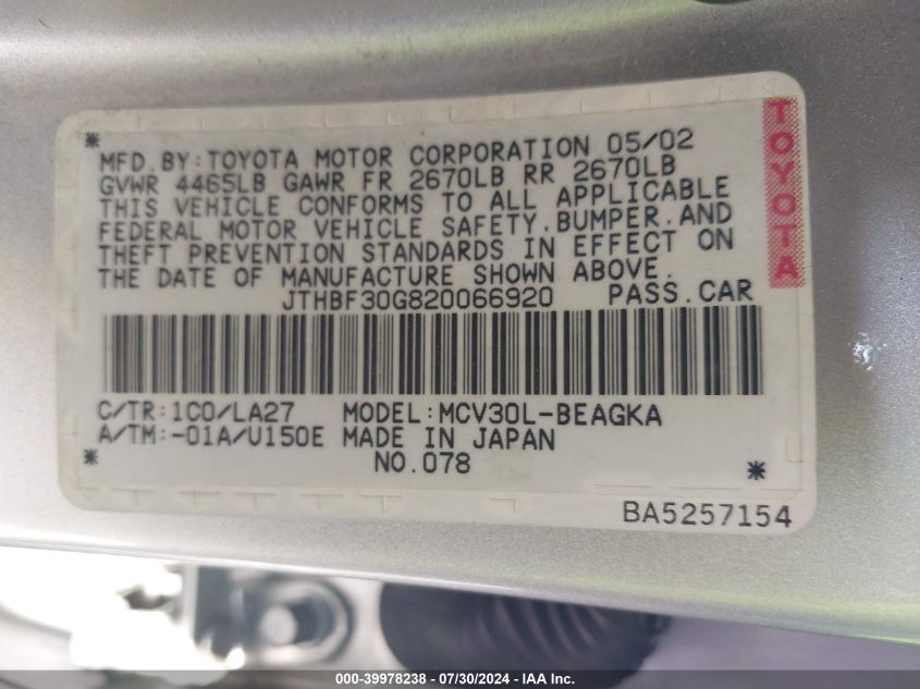 2002 Lexus Es 300 300 VIN: JTHBF30G820066920 Lot: 39978238