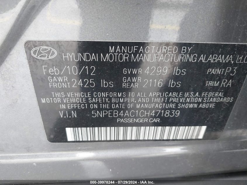 2012 Hyundai Sonata Gls VIN: 5NPEB4AC1CH471839 Lot: 39978244