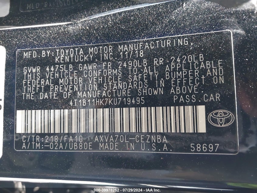 2019 TOYOTA CAMRY LE - 4T1B11HK7KU719495