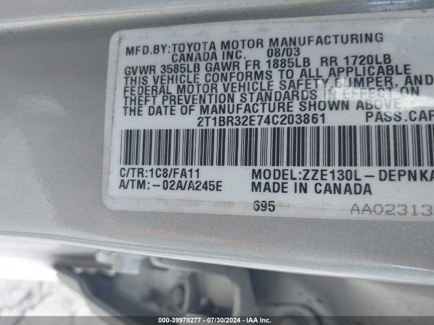 2004 Toyota Corolla Ce/Le/S VIN: 2T1BR32E74C203861 Lot: 39978277