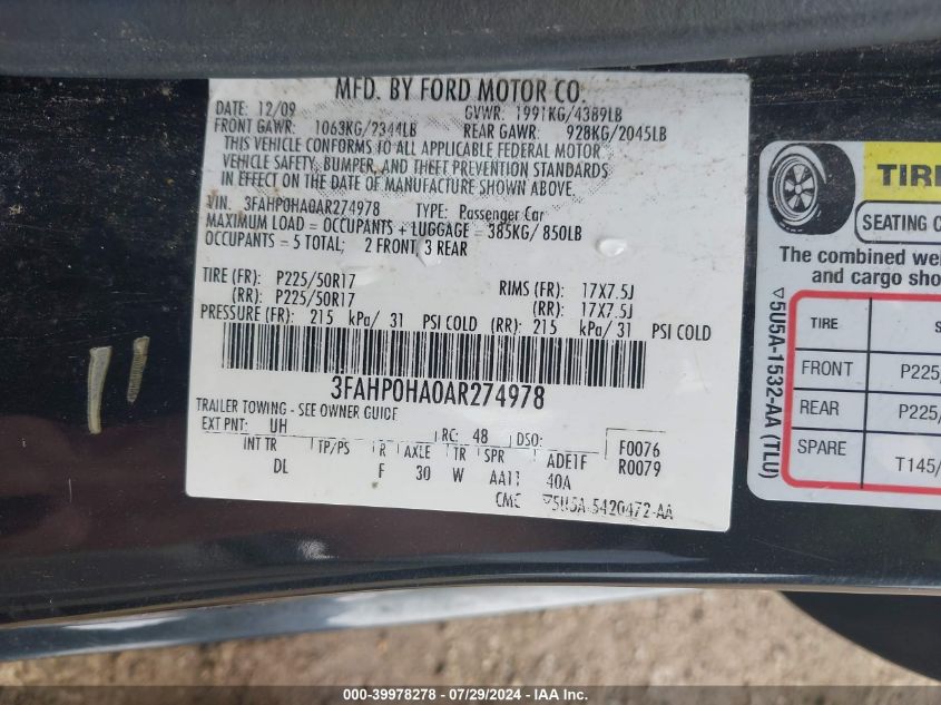 2010 Ford Fusion Se VIN: 3FAHP0HA0AR274978 Lot: 39978278