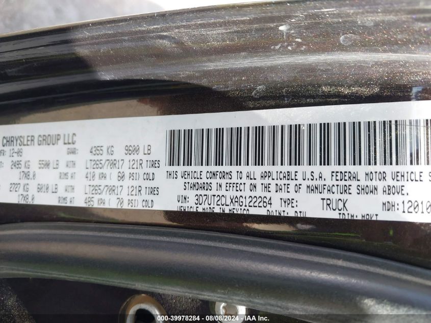 2010 Dodge Ram 2500 Slt VIN: 3D7UT2CLXAG122264 Lot: 39978284