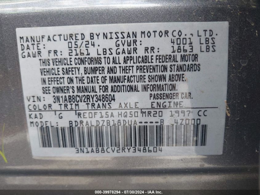 2024 Nissan Sentra Sv VIN: 3N1AB8CV2RY348604 Lot: 39978294