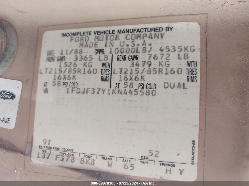 1989 Ford F350 VIN: 1FDJF37Y1KNA45580 Lot: 39978303