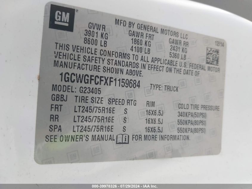 2015 Chevrolet Express 2500 Work Van VIN: 1GCWGFCFXF1159684 Lot: 39978326