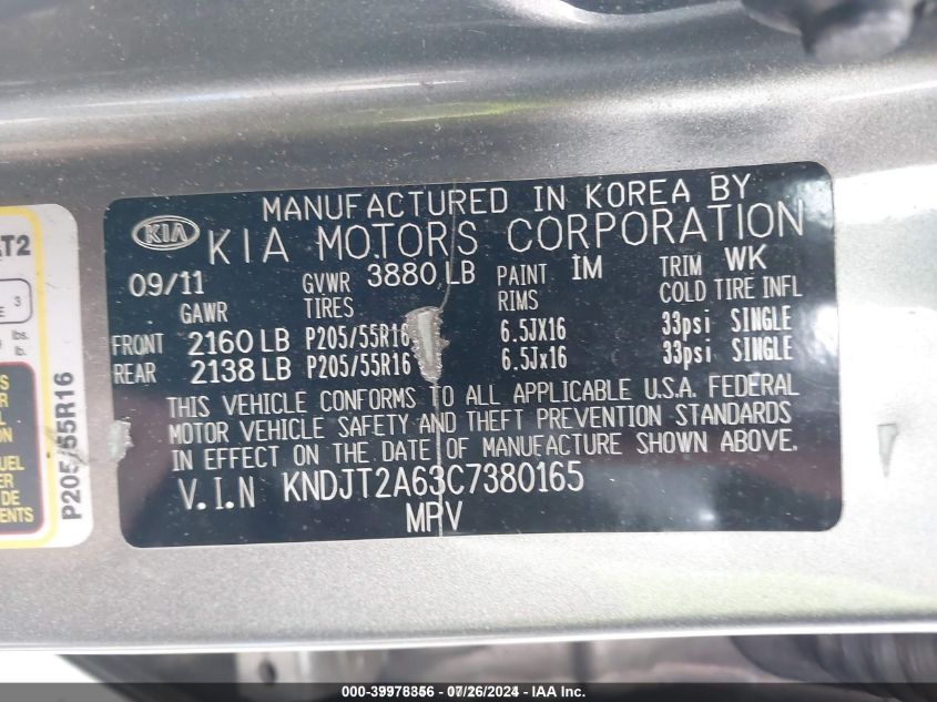 2012 Kia Soul + VIN: KNDJT2A63C7380165 Lot: 39978356