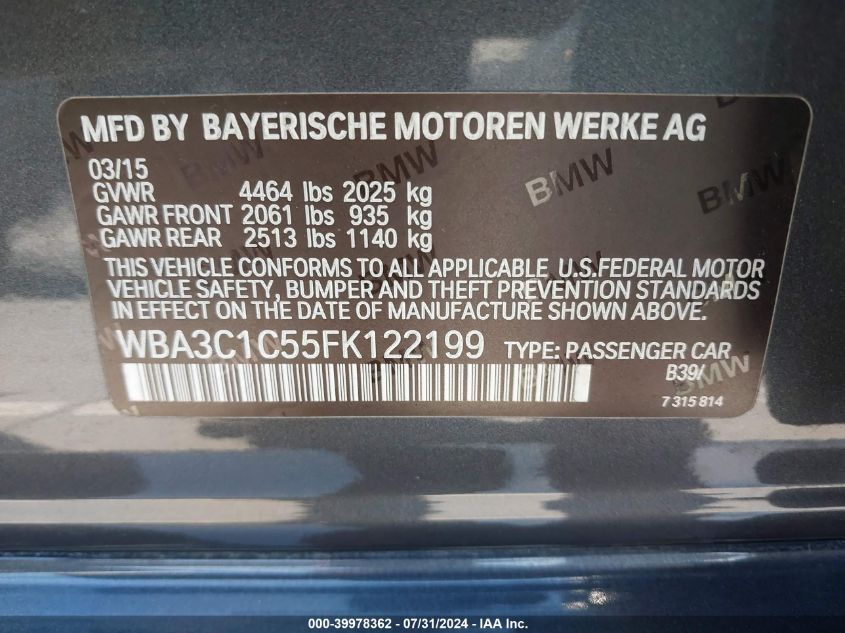 2015 BMW 328I VIN: WBA3C1C55FK122199 Lot: 39978362