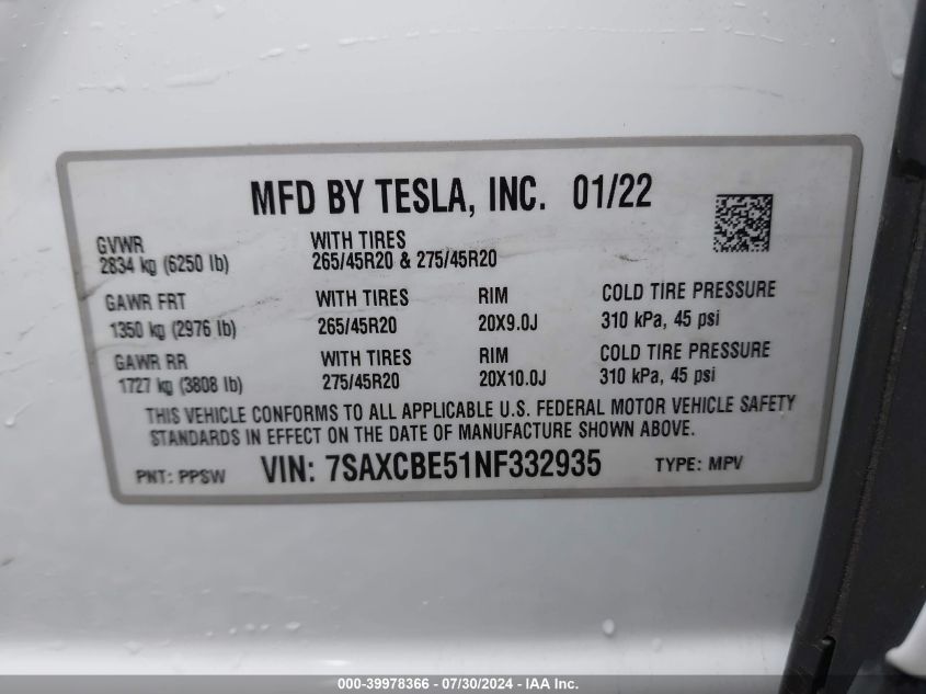 2022 Tesla Model X Dual Motor All-Wheel Drive VIN: 7SAXCBE51NF332935 Lot: 39978366