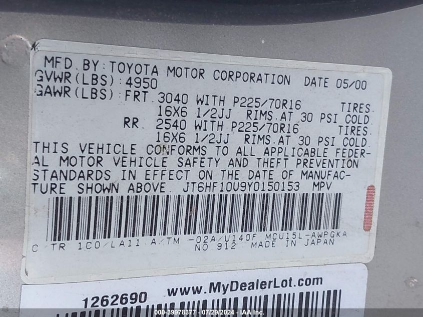 2000 Lexus Rx 300 VIN: JT6HF10U9Y0150153 Lot: 39978377