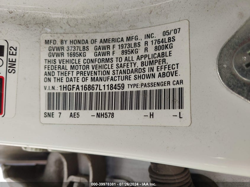 2007 Honda Civic Ex VIN: 1HGFA16867L118459 Lot: 39978381