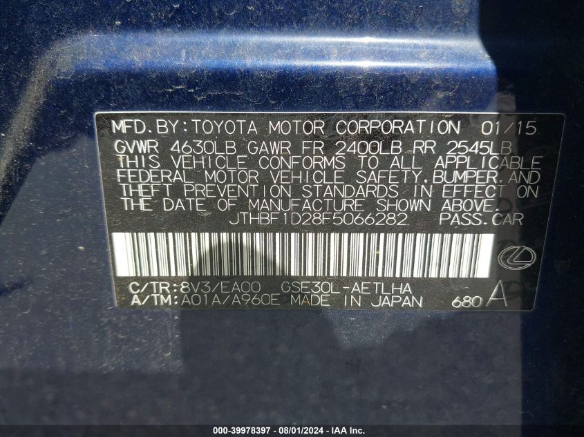 2015 Lexus Is 250 VIN: JTHBF1D28F5066282 Lot: 39978397