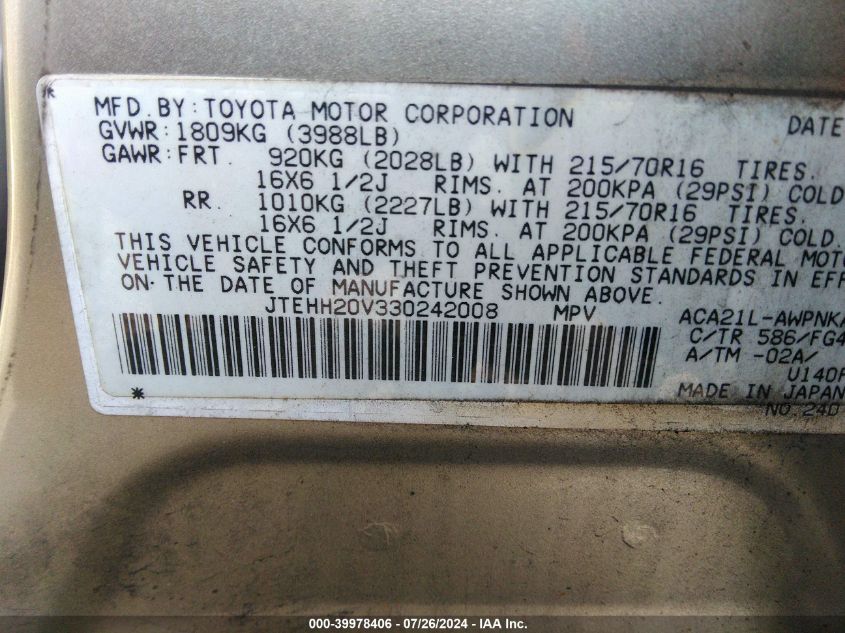 2003 Toyota Rav4 VIN: JTEHH20V330242008 Lot: 39978406