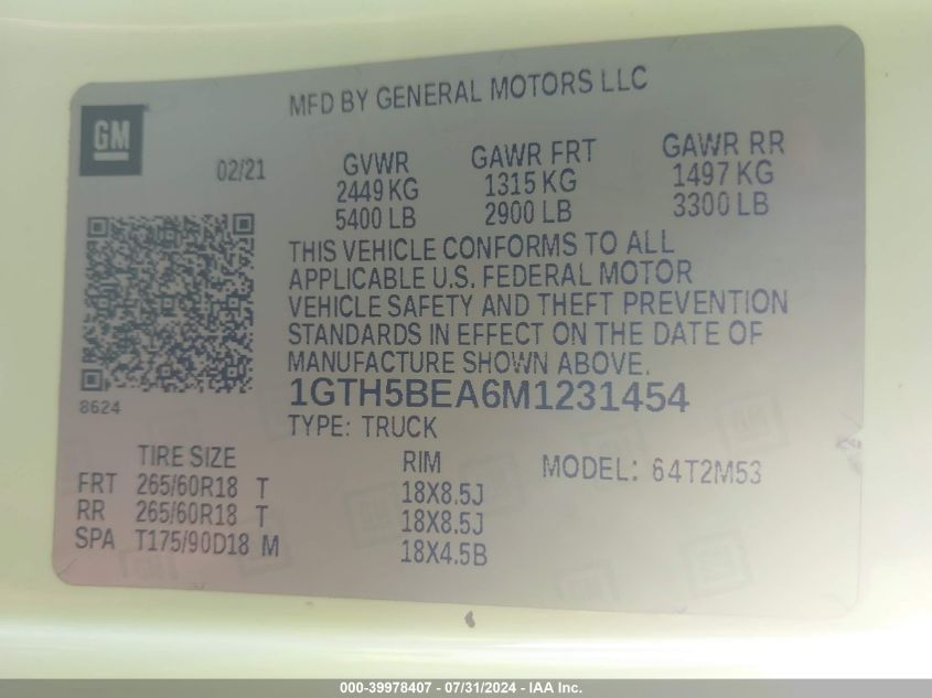 2021 GMC Canyon 2Wd Elevation Standard VIN: 1GTH5BEA6M1231454 Lot: 39978407