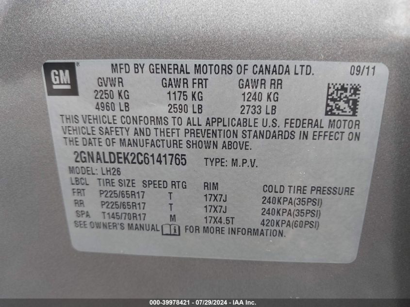 2012 Chevrolet Equinox Lt VIN: 2GNALDEK2C6141765 Lot: 39978421