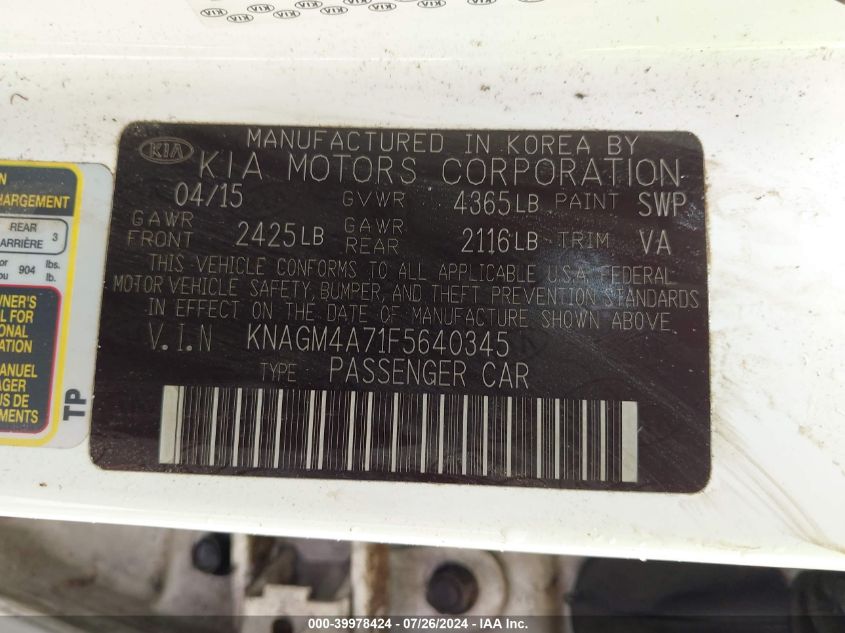 2015 Kia Optima Lx VIN: KNAGM4A71F5640345 Lot: 39978424