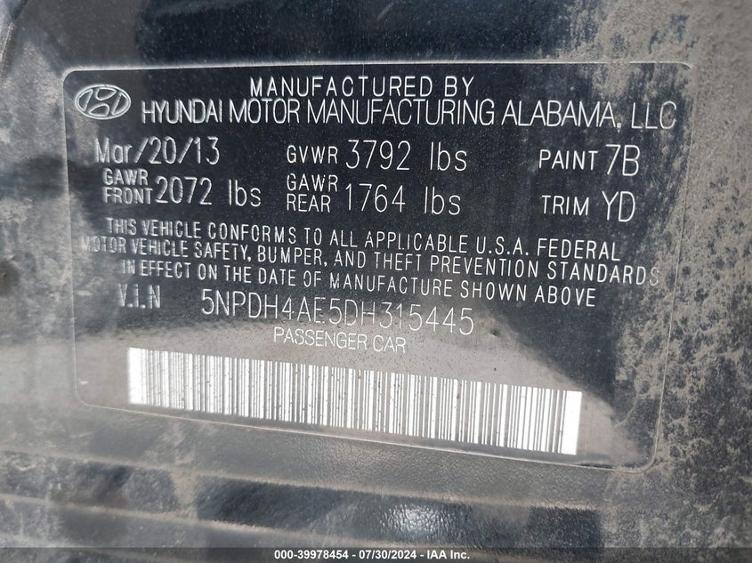 2013 Hyundai Elantra Limited VIN: 5NPDH4AE5DH315445 Lot: 39978454