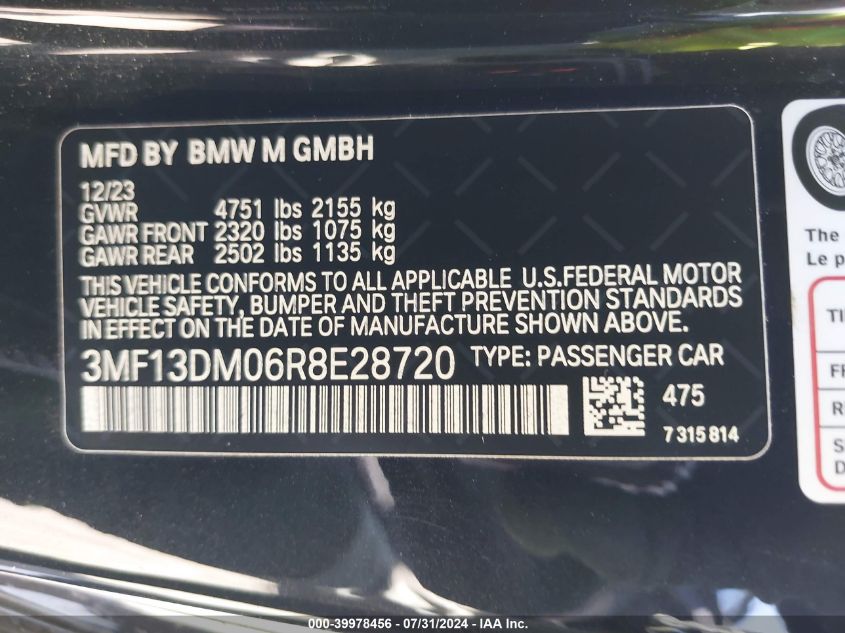 2024 BMW M2 VIN: 3MF13DM06R8E28720 Lot: 39978456