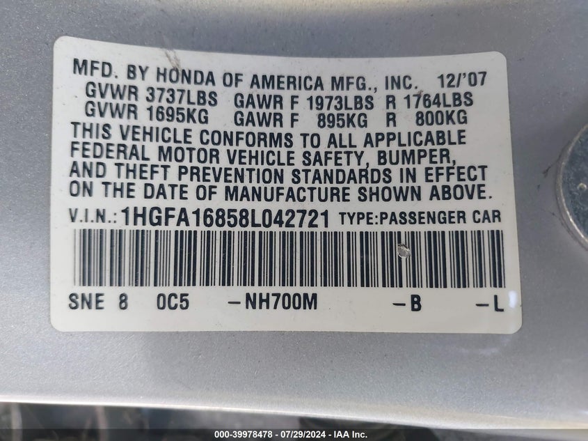 2008 Honda Civic Ex VIN: 1HGFA16858L042721 Lot: 39978478