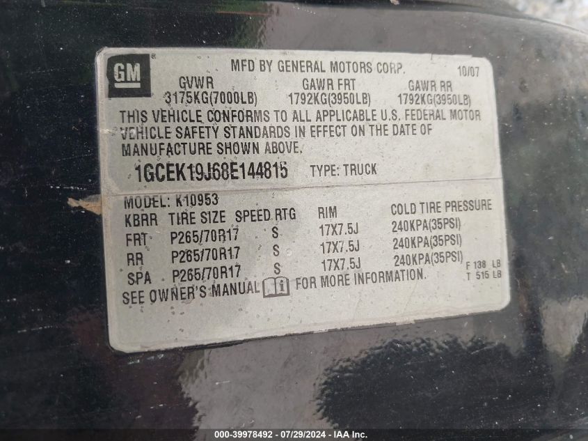2008 Chevrolet Silverado 1500 Lt1 VIN: 1GCEK19J68E144815 Lot: 39978492