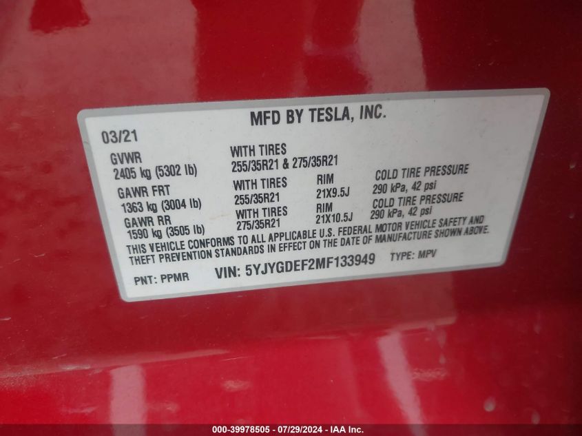 2021 Tesla Model Y VIN: 5YJYGDEF2MF133949 Lot: 39978505