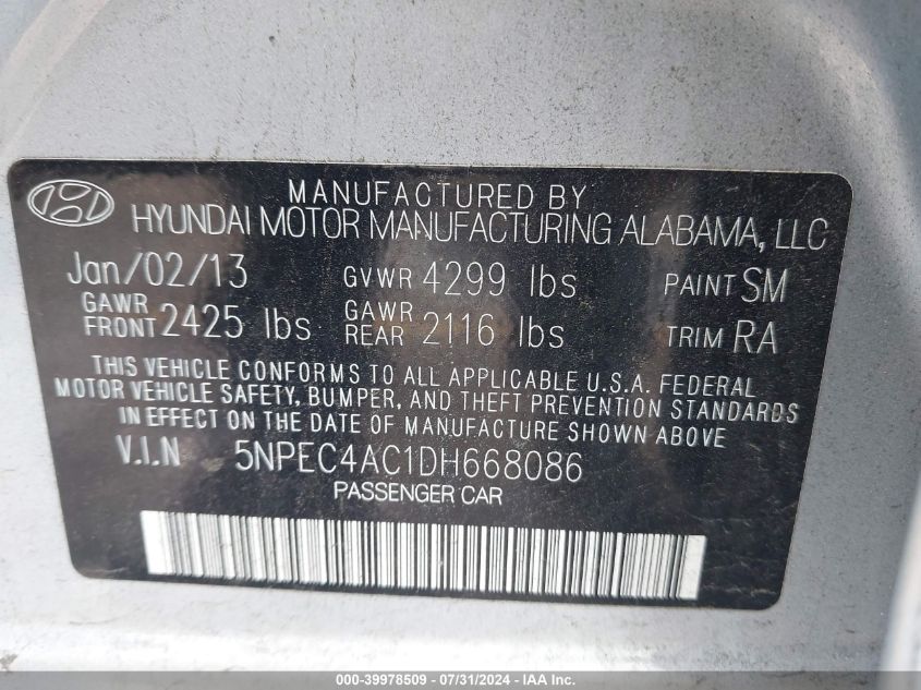 2013 Hyundai Sonata Se/Limited VIN: 5NPEC4AC1DH668086 Lot: 39978509