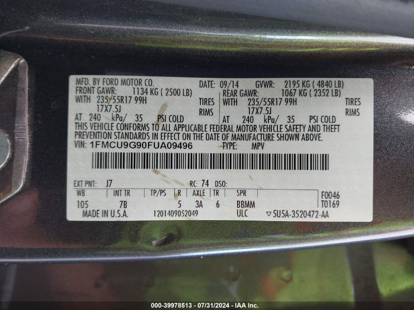 2015 Ford Escape Se VIN: 1FMCU9G90FUA09496 Lot: 39978513