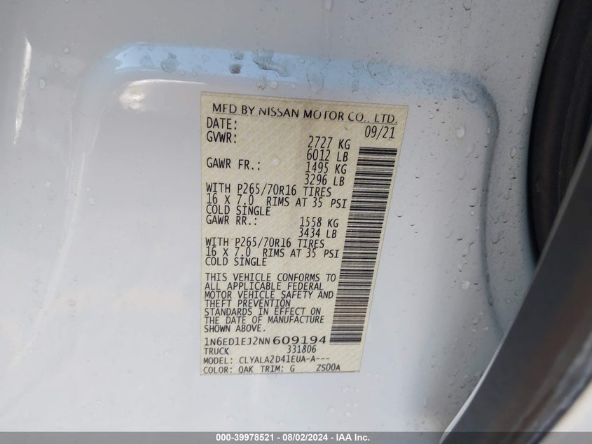 2022 NISSAN FRONTIER S 4X2 - 1N6ED1EJ2NN609194