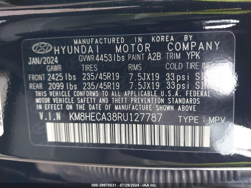 2024 Hyundai Kona Limited VIN: KM8HECA38RU127787 Lot: 39978531