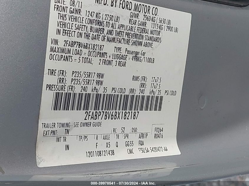 2011 Ford Crown Victoria Police Interceptor VIN: 2FABP7BV6BX182187 Lot: 39978541