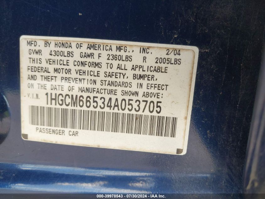2004 Honda Accord 3.0 Ex VIN: 1HGCM66534A053705 Lot: 39978543