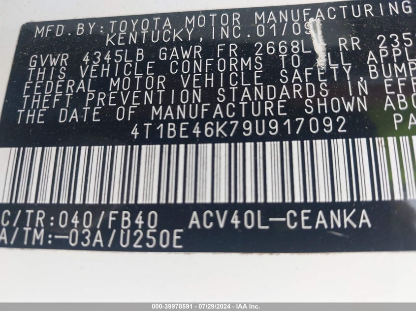 2009 Toyota Camry Le VIN: 4T1BE46K79U917092 Lot: 39978591