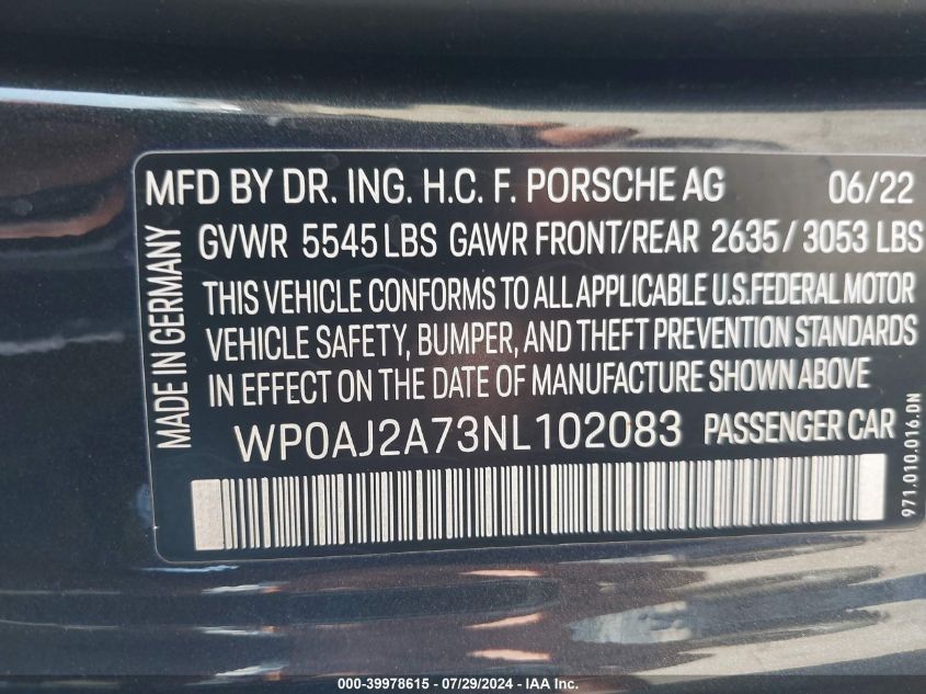 2022 PORSCHE PANAMERA 4/4 PLATINUM EDITION/PLATINUM EDITION - WP0AJ2A73NL102083